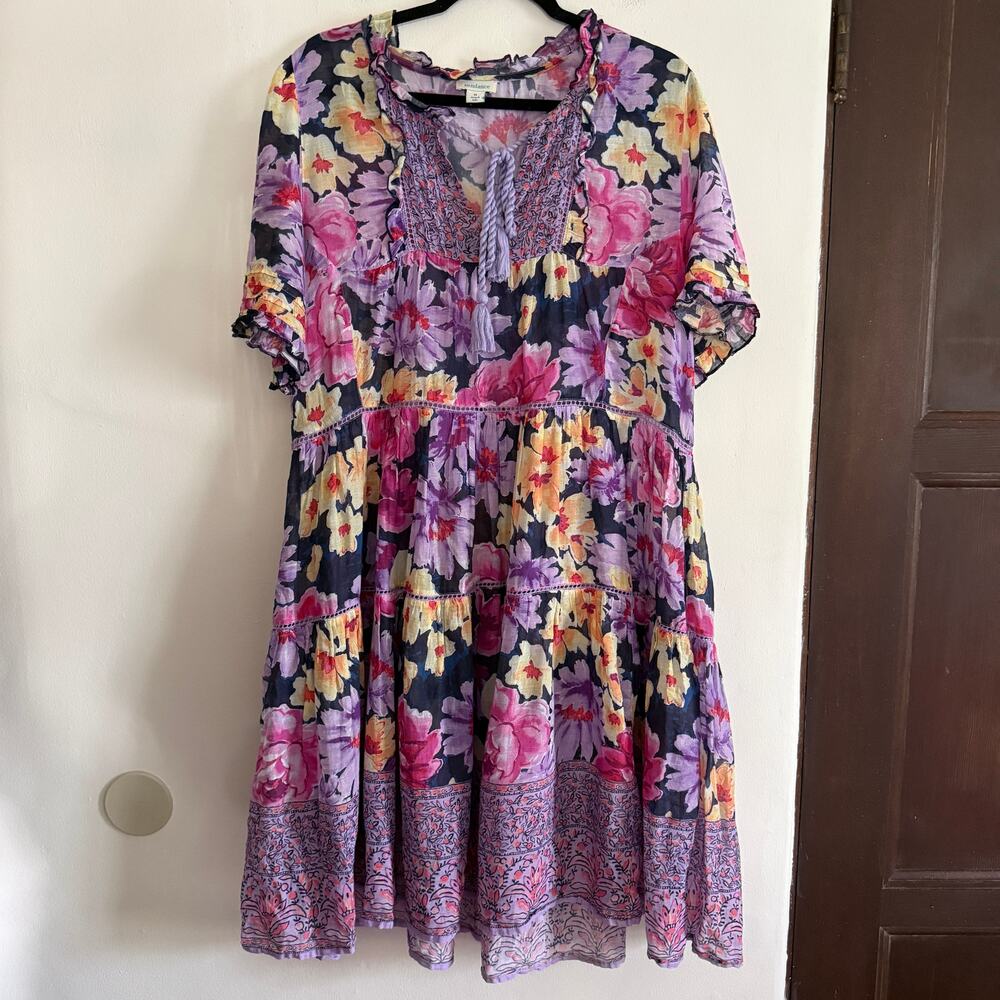 Sundance Lightweight Cotton Lawn Purple Floral Tiered Boho Dress medium
